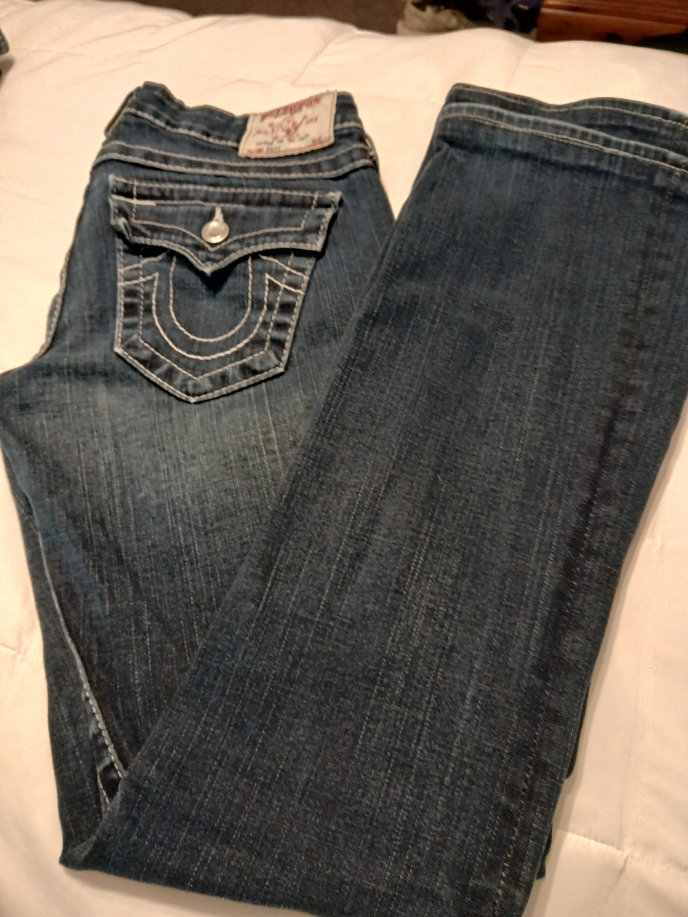 True Religion Women's Dark Blue Boot Cut Jeans with Signature Embroidered Pocket